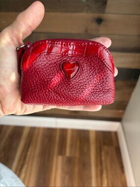 Vintage Brighton Red Pebbled Leather Heart Coin Purse Faux Croc Trim